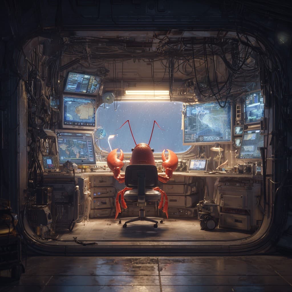 A space lobster working at a command station inside a hab module